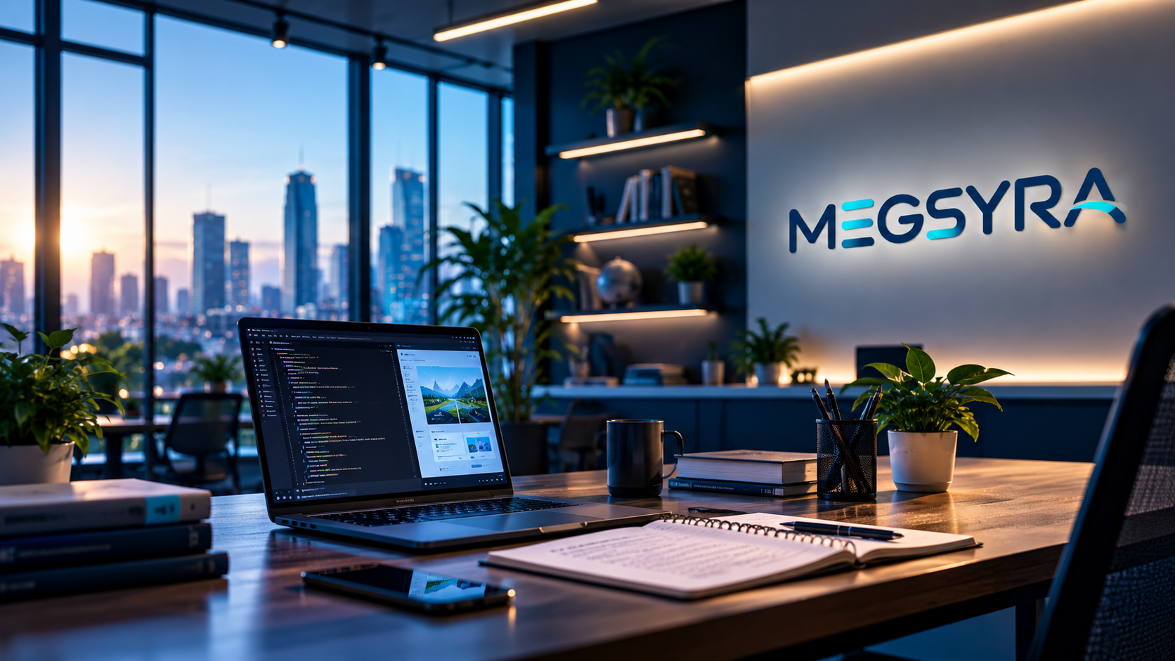 Megsyra-branded technology workspace with a laptop and city view